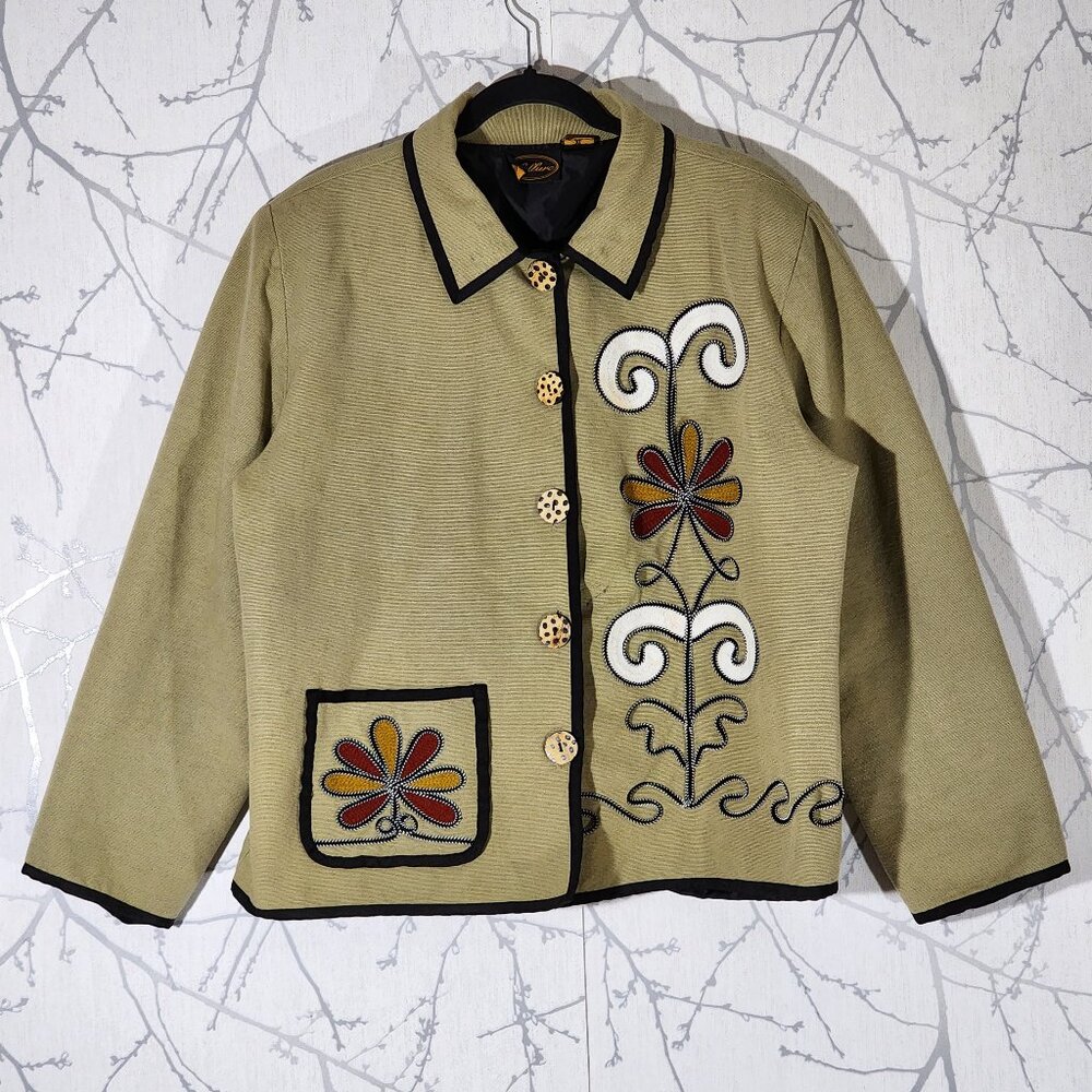 Allure Beige Canvas Artsy Floral Embroidered Button Front Jacket
